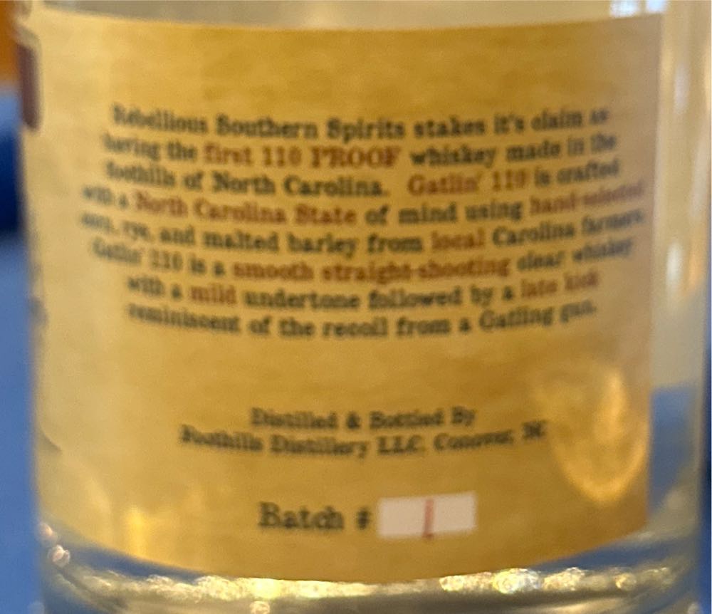 Rebellious Gatlin 110 - Foothills Distillery (750 mL) alcohol collectible [Barcode 616929904178] - Main Image 2