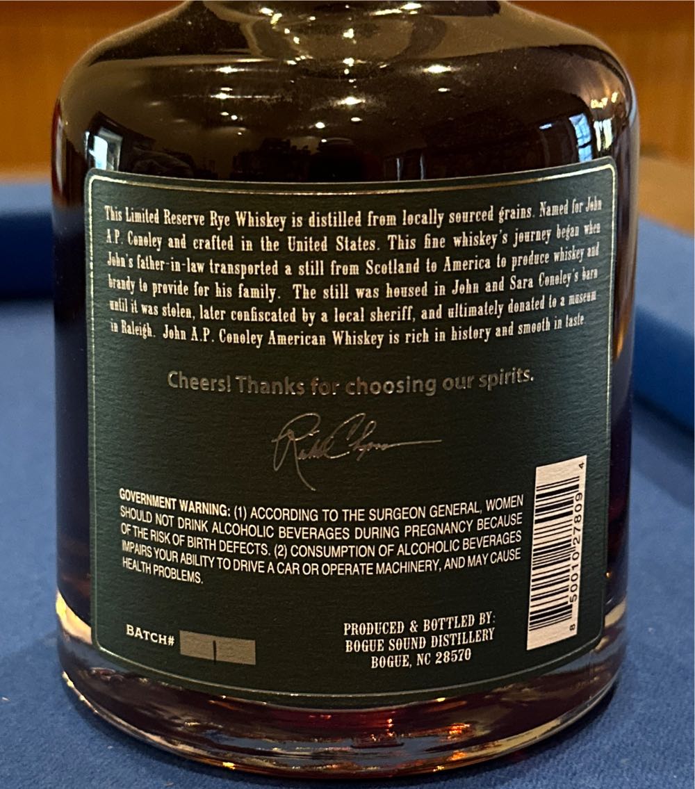 John A P Conoley Limited Reserve Rye - Bogue Sound Distilling (750 mL) alcohol collectible [Barcode 850010278094] - Main Image 2