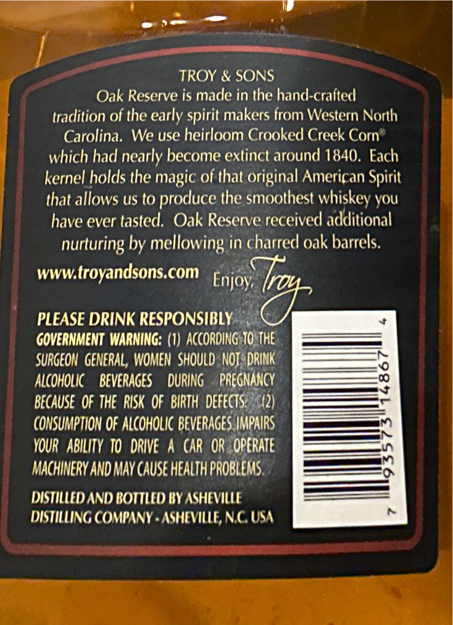 Troy & Sons Oak Reserve - Asheville Distilling (750 mL) alcohol collectible [Barcode 793573148674] - Main Image 2