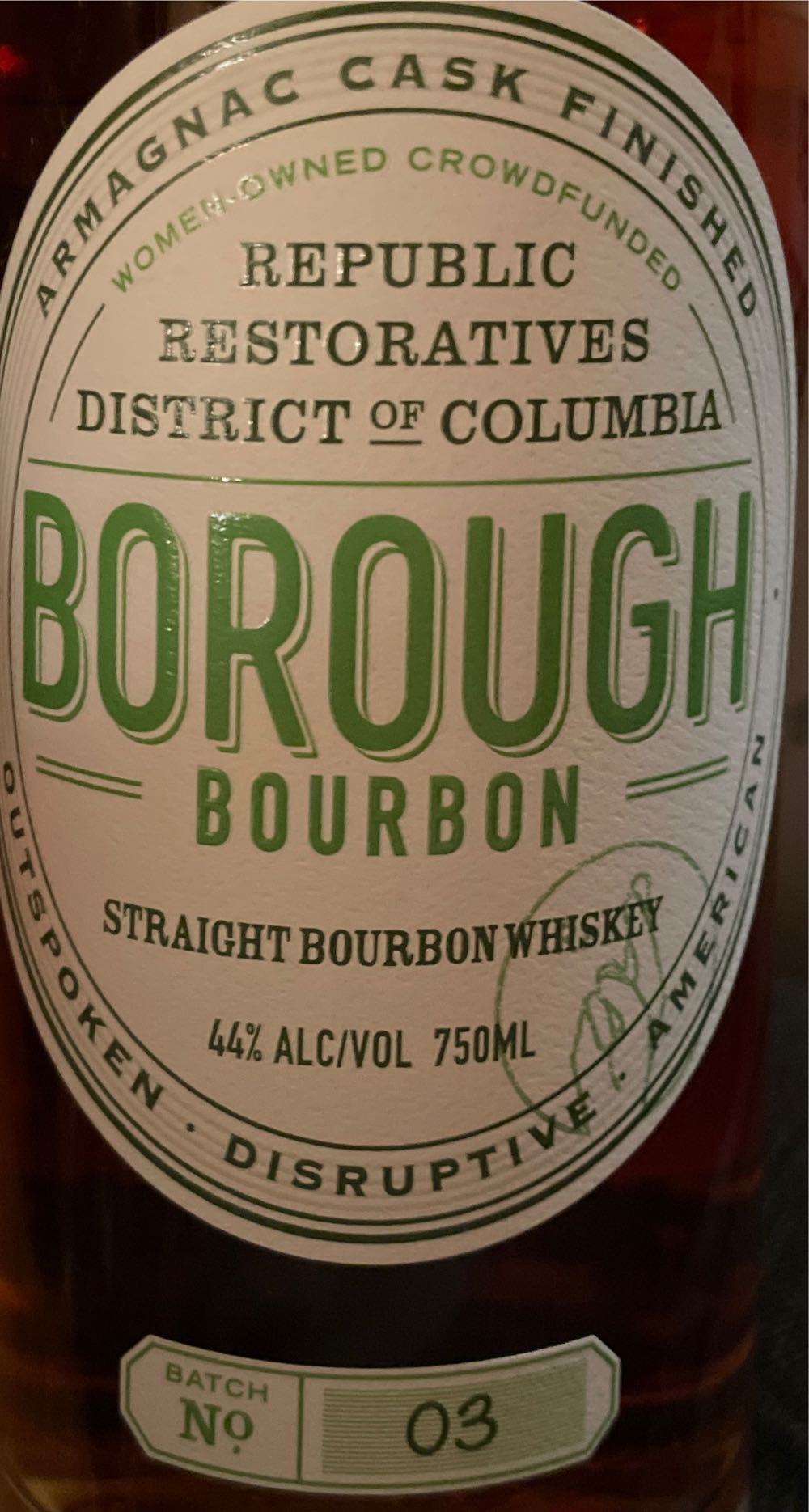 Borough Bourbon Batch 03 Armagnac Cask - Republic Restoratives DC (750 mL) alcohol collectible [Barcode 815552020082] - Main Image 2