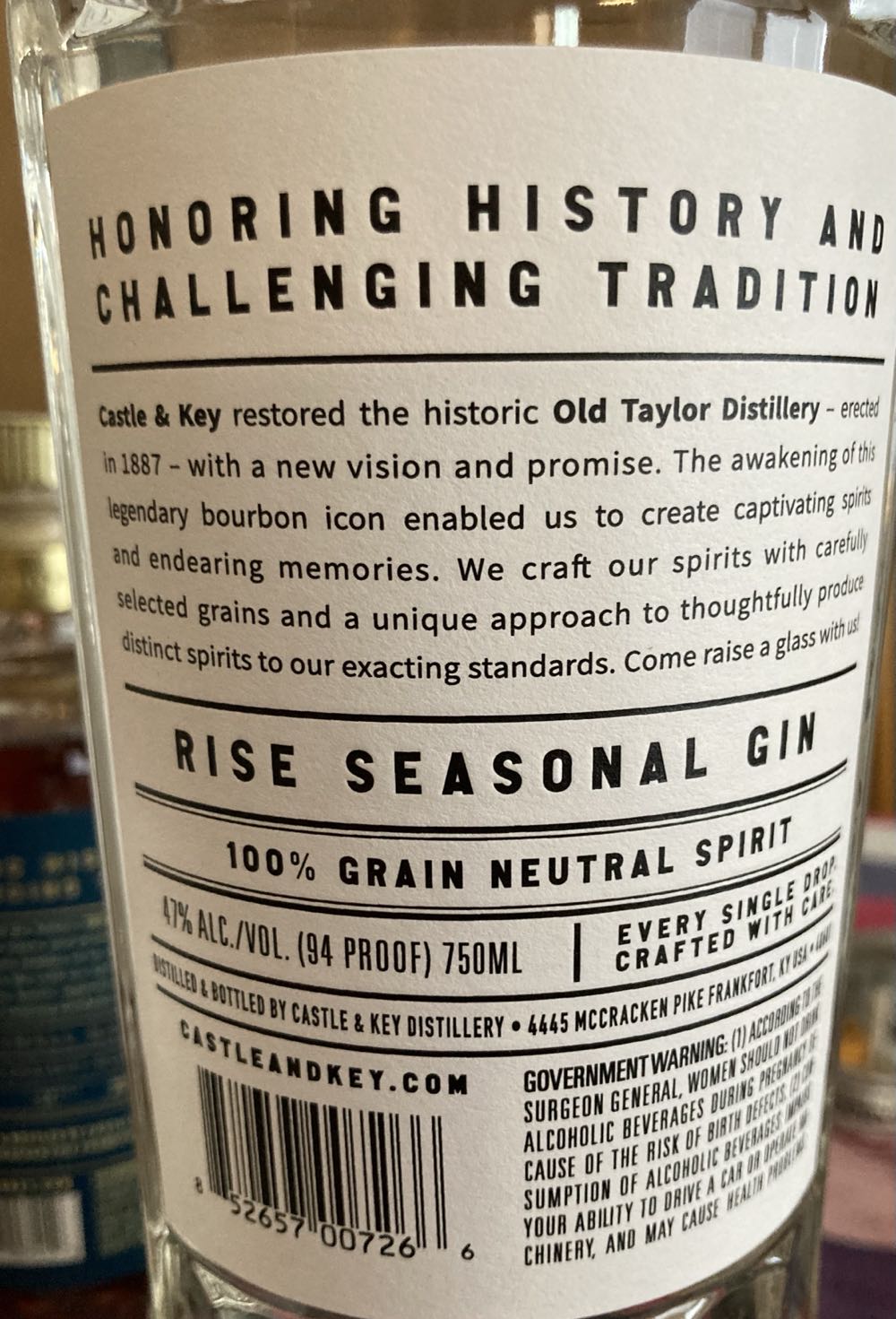 Castle & Key Rise Seasonal Gin - Castle & Key Distillery (750 mL) alcohol collectible [Barcode 852657007266] - Main Image 2