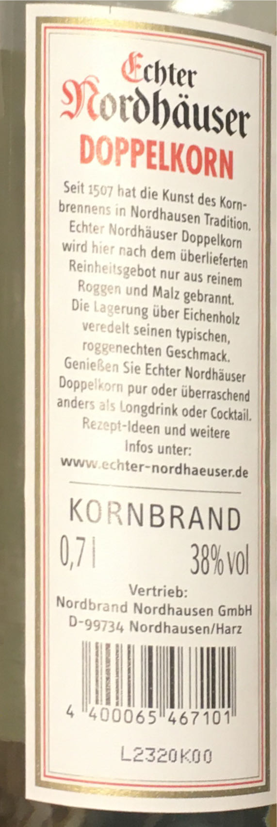 Echter Nordhäuser Doppelkorn  alcohol collectible [Barcode 4400065467101] - Main Image 2