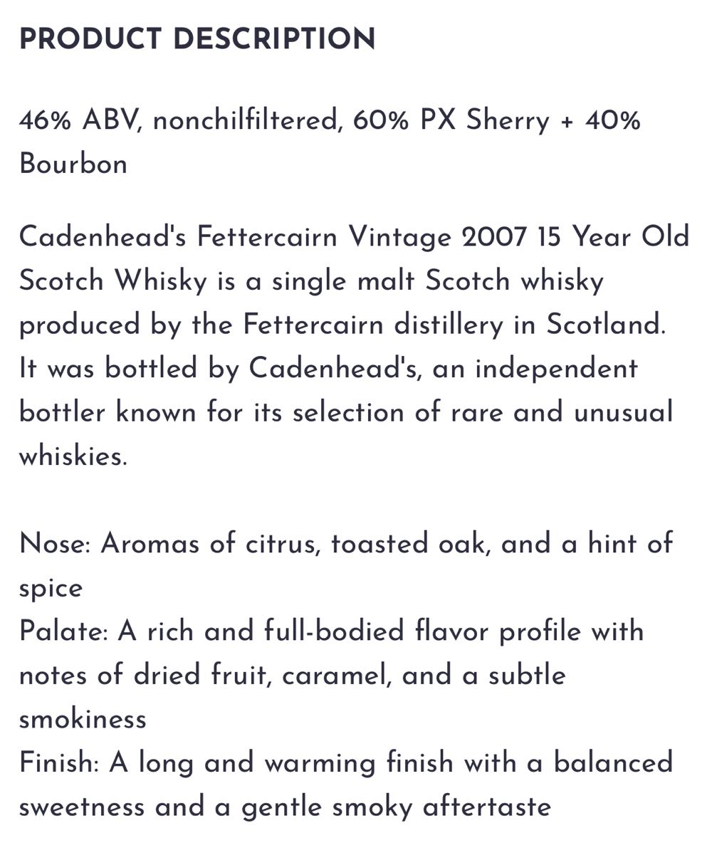 Cadenhead Fettercairn 15 Year Old Scotch Whisky 2007 - The Fettercairn Distillery (750 mL) alcohol collectible - Main Image 2