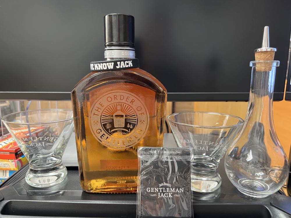 GJ The Order Of Gentlemen - 2 Glasses - Oil Dispenser - Jack Daniel’s Distillery, Lynchburg, TN (750 mL) alcohol collectible [Barcode 082184038727] - Main Image 2