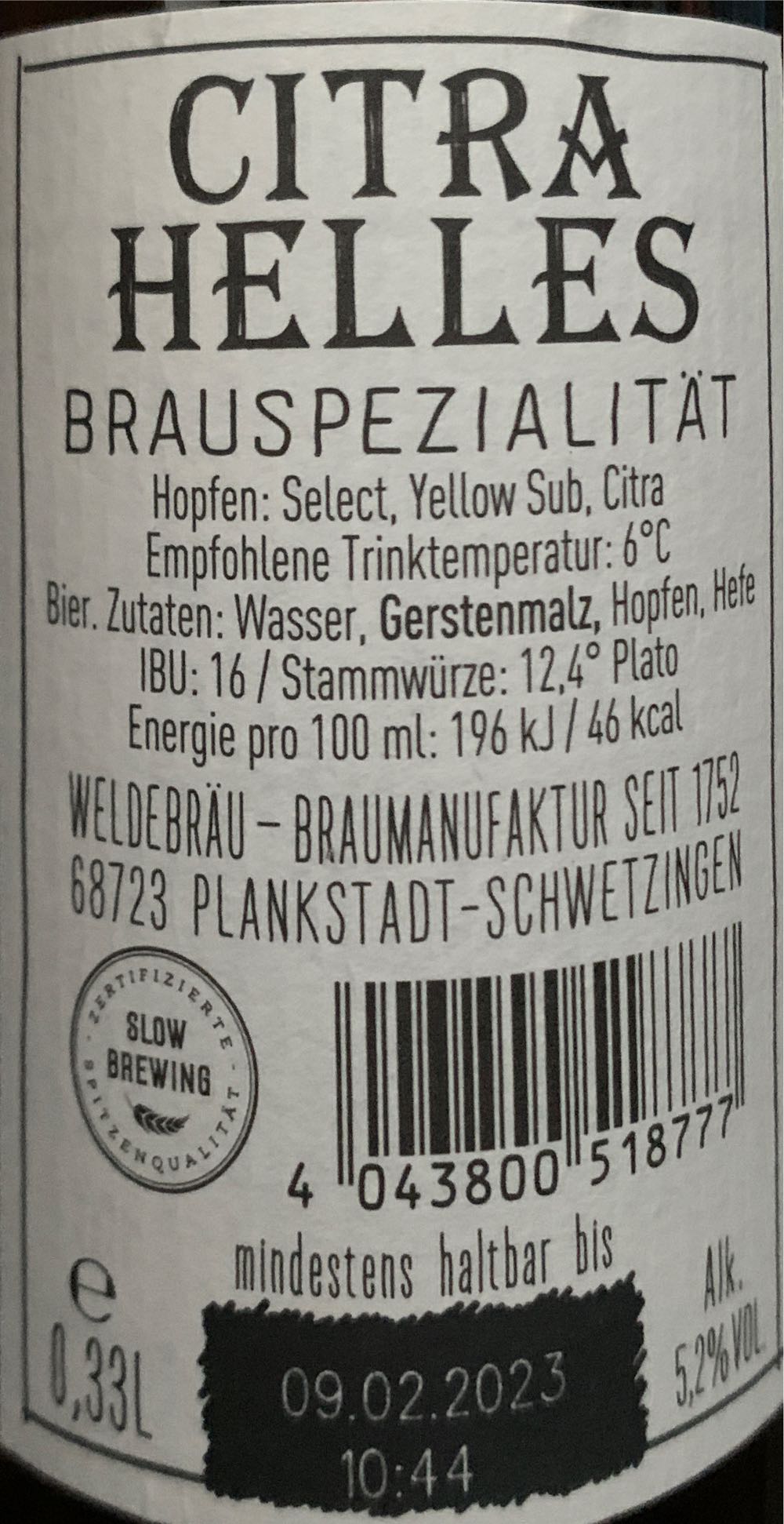 Citra Helles - Weldebräu, Plankstadt-Schwetzingen (330 mL) alcohol collectible - Main Image 2