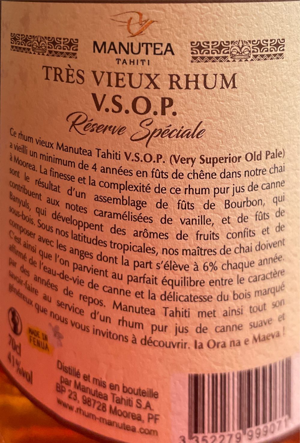 Manutea Tahiti VSOP - Manutea Tahiti (750 mL) alcohol collectible [Barcode 3352279999071] - Main Image 2