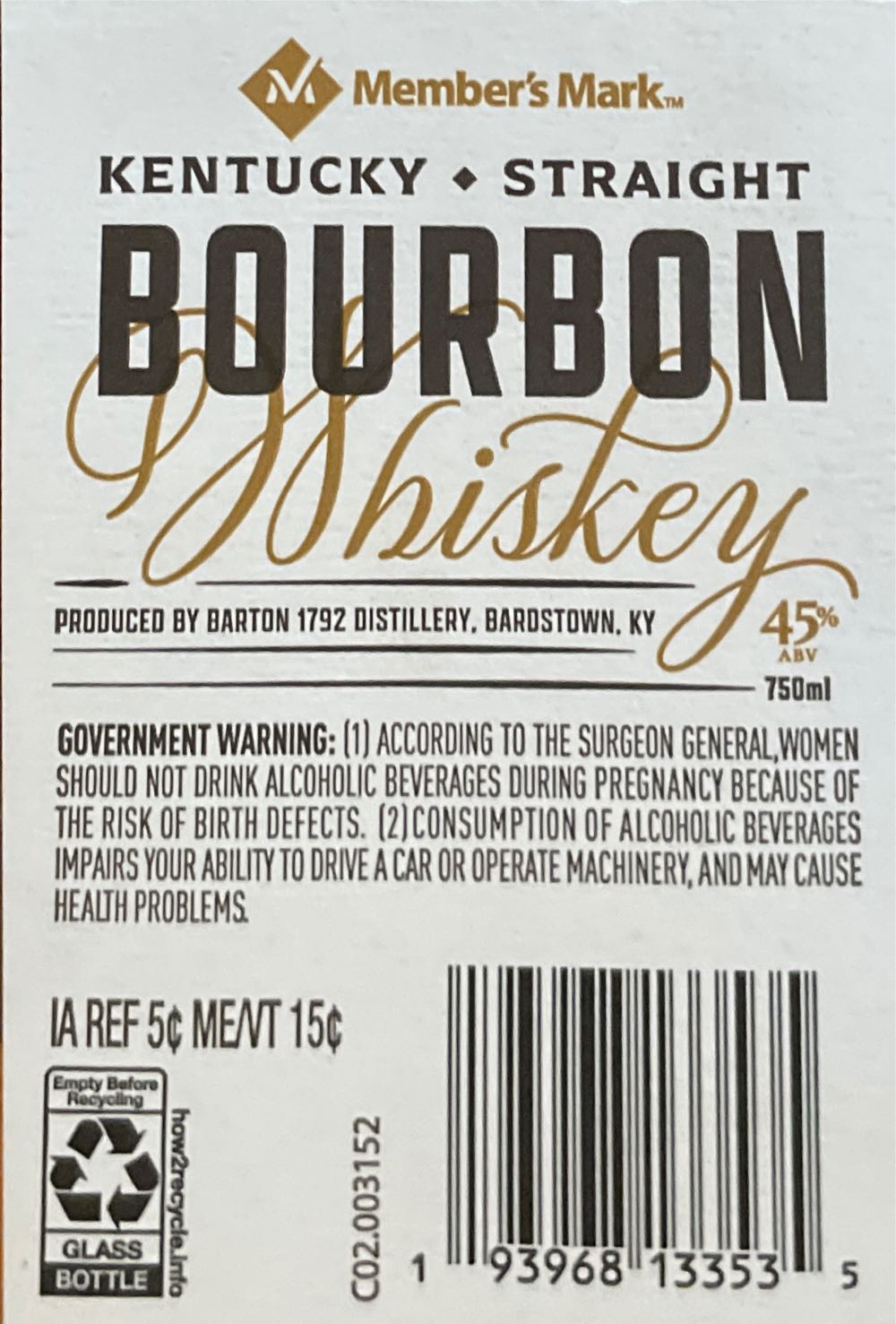 Members Mark Straight Bourbon - Barton 1792 Distillery (750 mL) alcohol collectible - Main Image 2