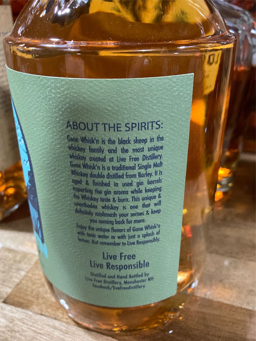 Live Free Gone Whisk’N Gin Whiskey - Live Free Distillery (750 mL) alcohol collectible [Barcode 021893996720] - Main Image 2