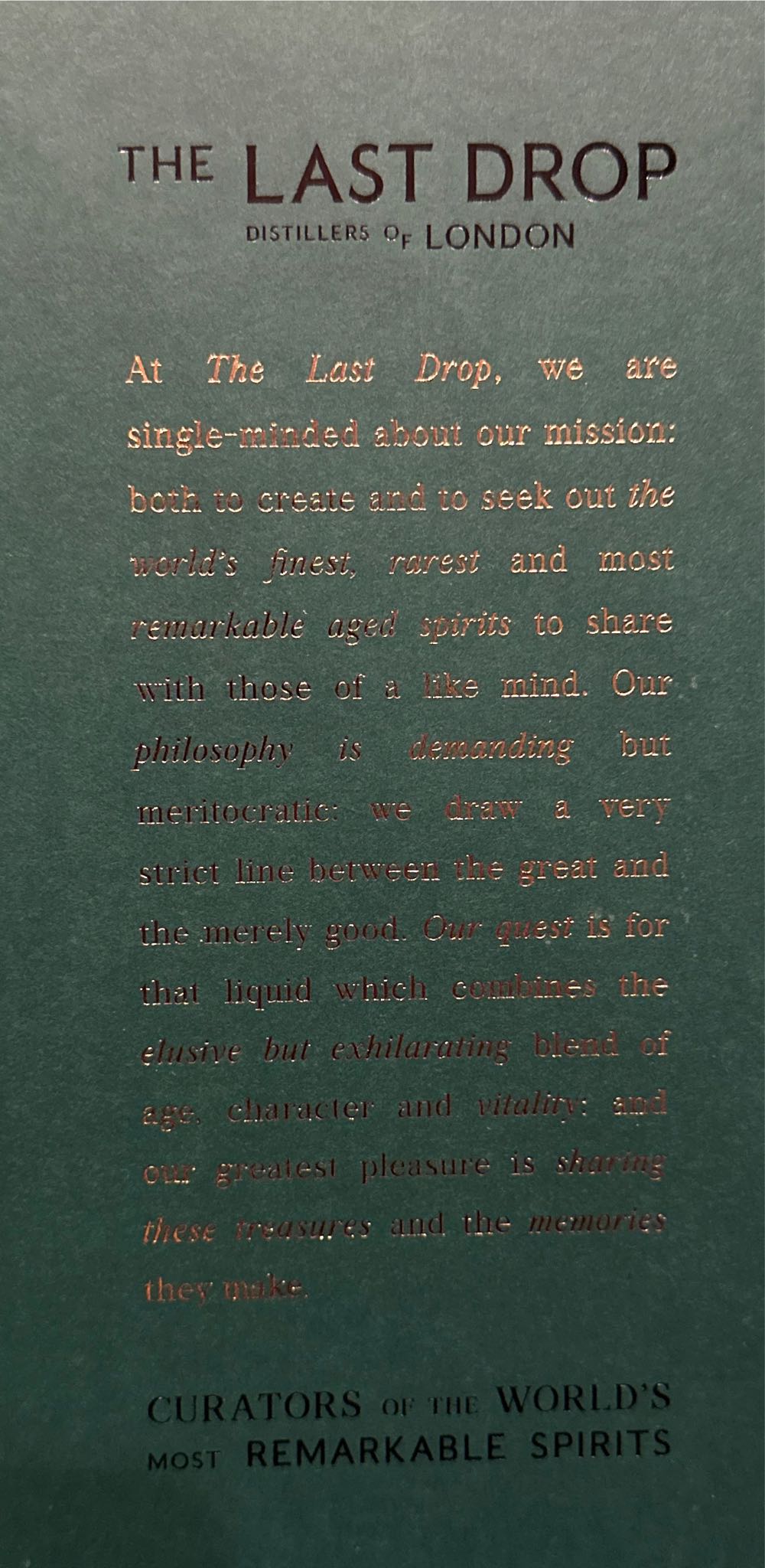 Last Drop #25 - 20 Yr Japanese Blended - Distillers Of London (700 mL) alcohol collectible [Barcode 810004800212] - Main Image 3