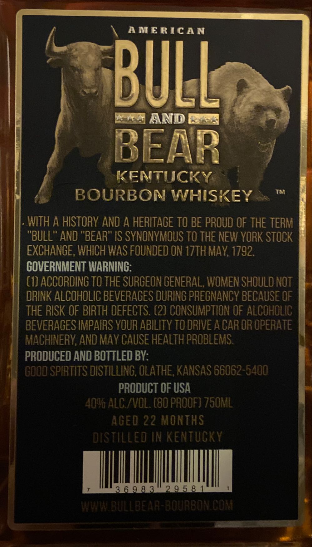 American Bull And Bear Bourbon - Good Spirits Distilling (750 mL) alcohol collectible [Barcode 736983295811] - Main Image 2