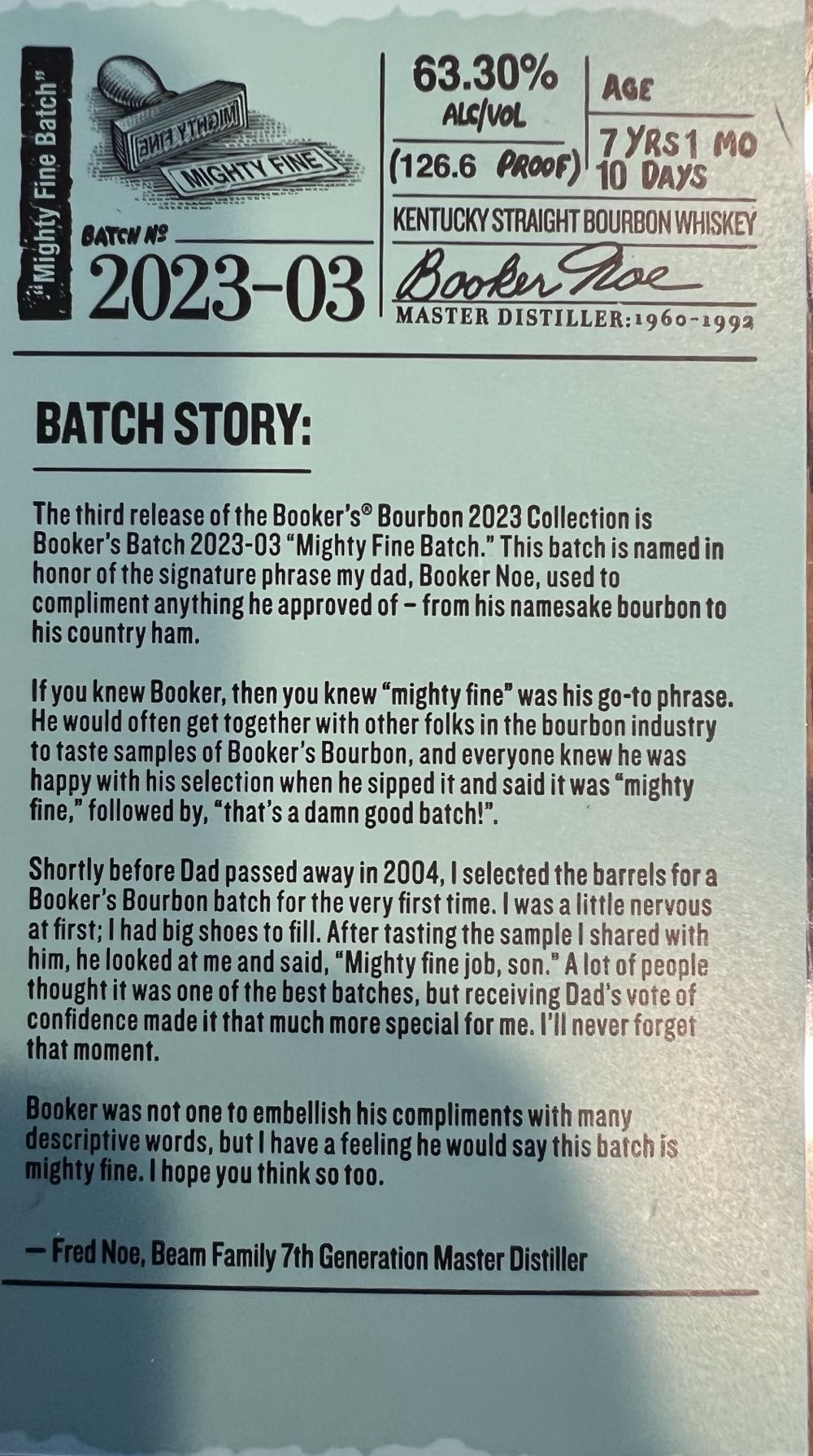 Booker’s KY Straight Bourbon 23-03 Mighty Fine Batch - Jim Beam Distillery, Clermont, KY (750 mL) alcohol collectible [Barcode 080686011408] - Main Image 3