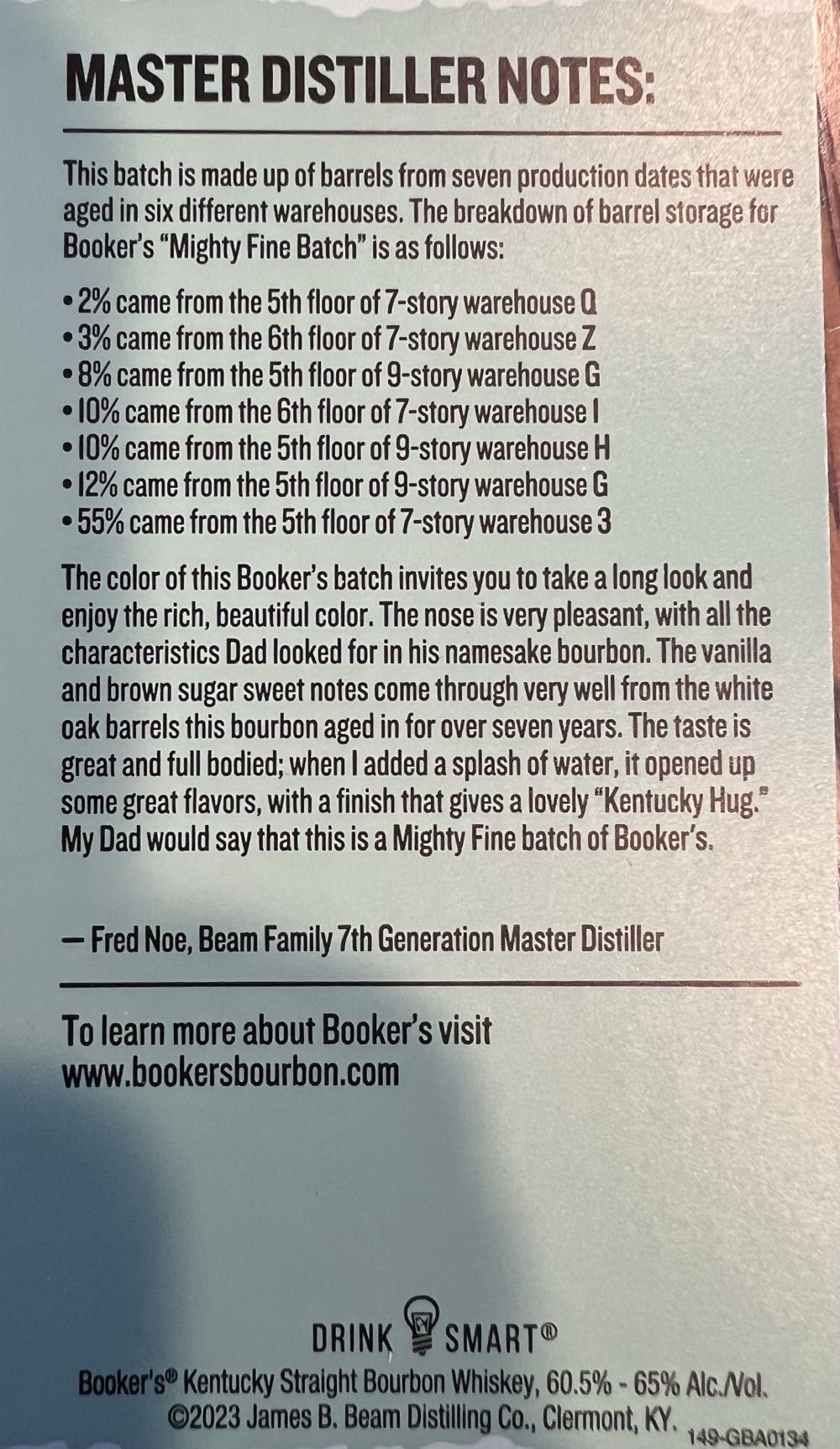 Booker’s KY Straight Bourbon 23-03 Mighty Fine Batch - Jim Beam Distillery, Clermont, KY (750 mL) alcohol collectible [Barcode 080686011408] - Main Image 4