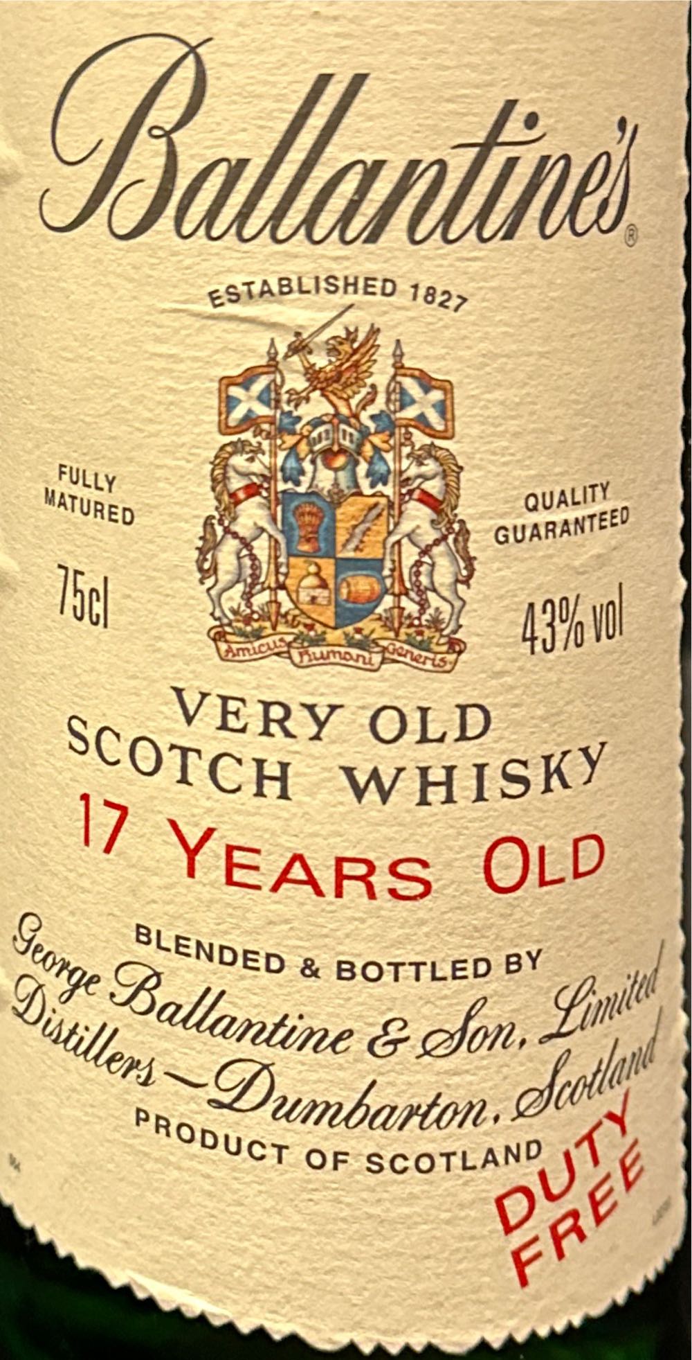 Ballantines Very Old Scotch Whiskey Duty Free 17yr - George Ballantine & Son Ltd. (750 mL) alcohol collectible - Main Image 2