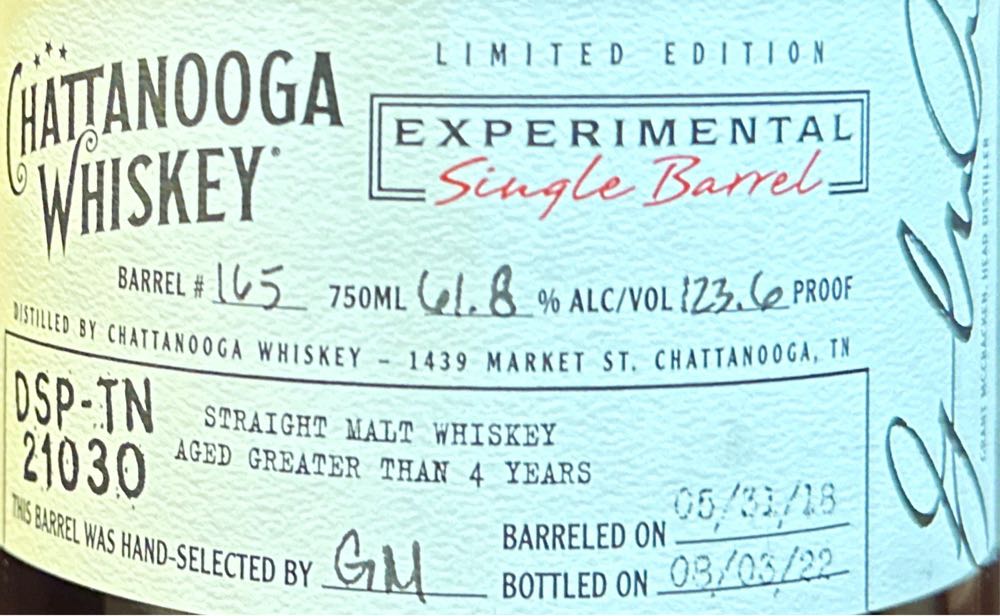 Chattanooga Whiskey Experimental SiB 165 - Chattanooga Whiskey Co alcohol collectible [Barcode 853192006158] - Main Image 3