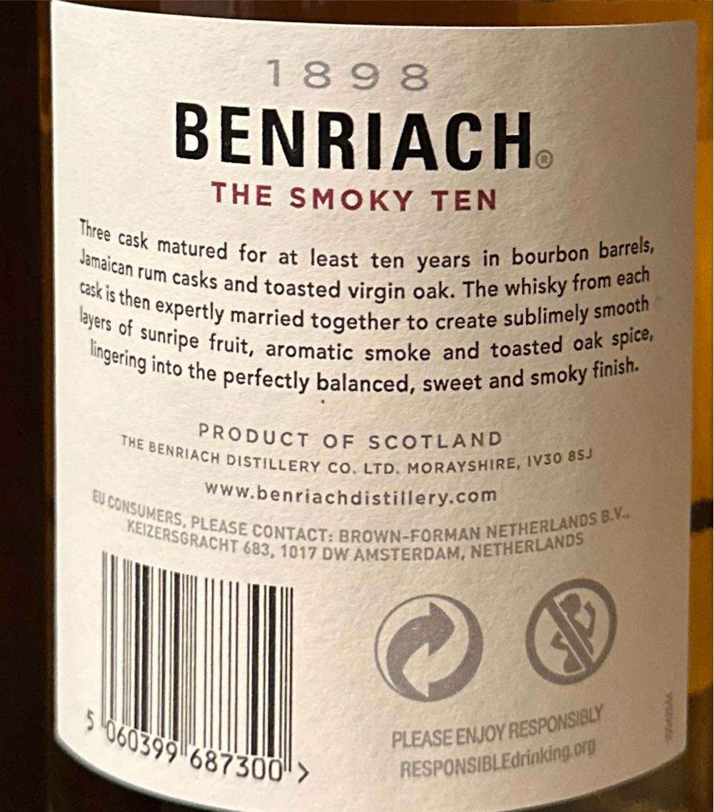 Benriach The Smoky 10 - Speyside - Benriach Distillery (700 mL) alcohol collectible [Barcode 5060399687300] - Main Image 2