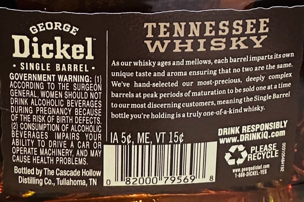 George Dickel Private Barrel Select 9 (15?) Tennessee Whisky - Cascade Hollow Distillery (750 mL) alcohol collectible [Barcode 082000795698] - Main Image 2