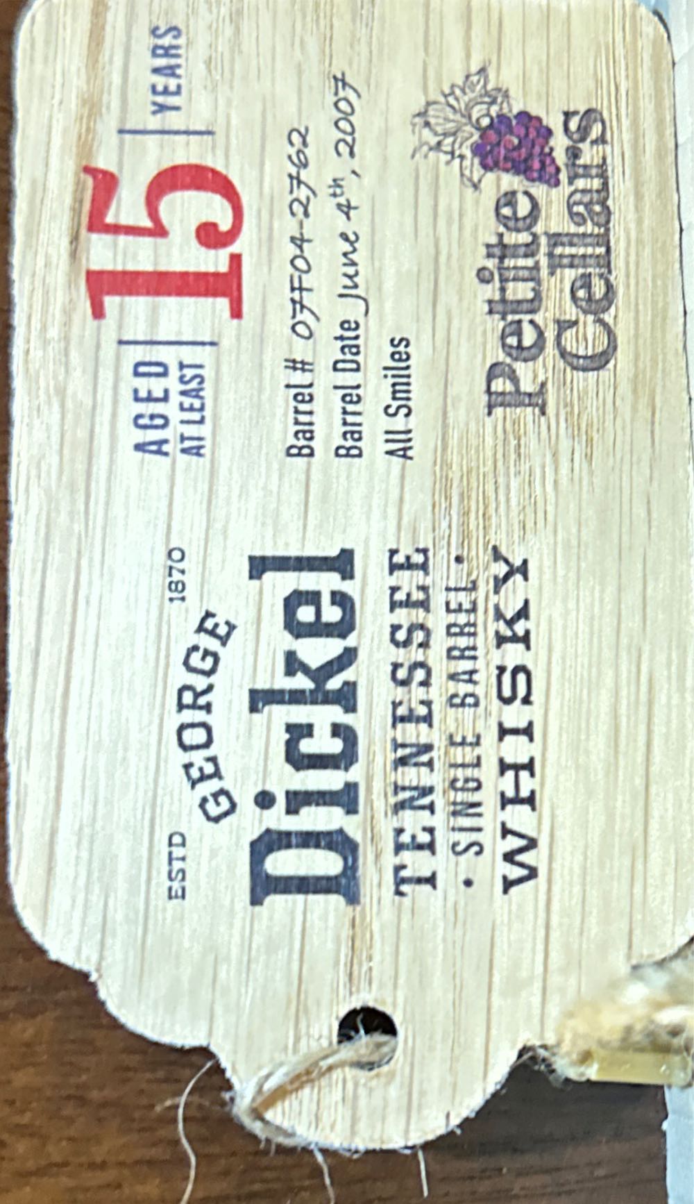 George Dickel Private Barrel Select 9 (15?) Tennessee Whisky - Cascade Hollow Distillery (750 mL) alcohol collectible [Barcode 082000795698] - Main Image 3