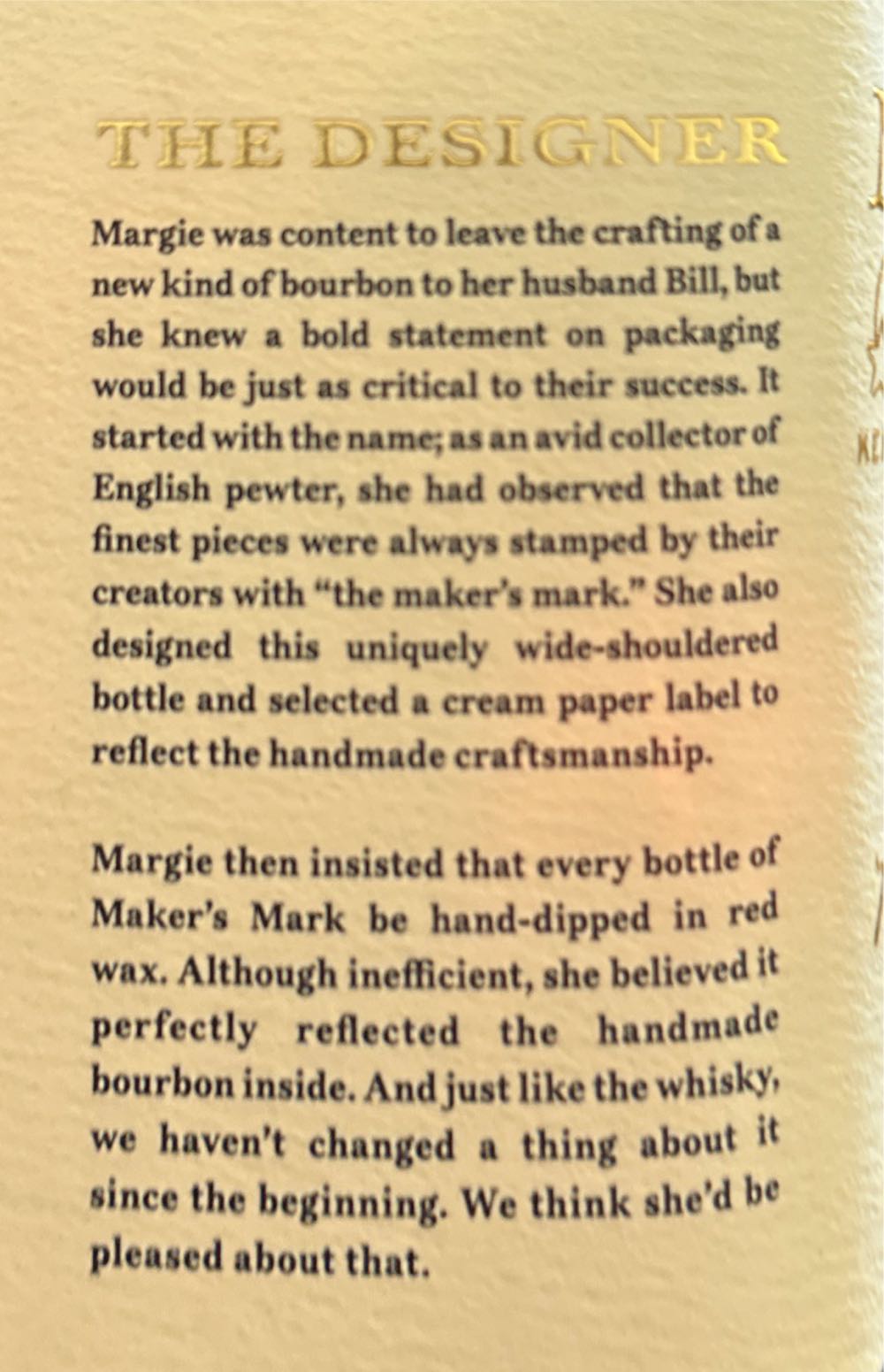 Maker’s Mark Founders Series:Marjie Samuels - Maker’s Mark Distillery, Loretto, KY (1000 mL) alcohol collectible [Barcode 085246502020] - Main Image 2