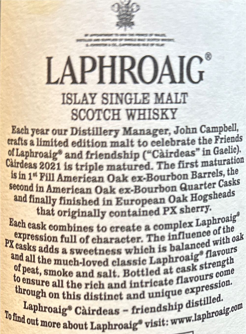 Laphroaig Cairdeas Pedro Ximenez Casks - Laphroaig Distillery (700 mL) alcohol collectible [Barcode 5010019640598] - Main Image 2