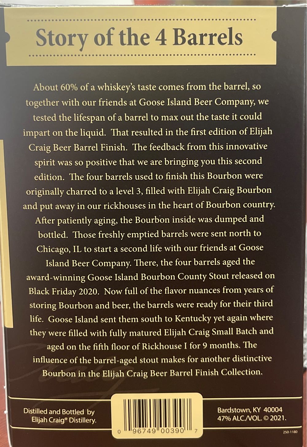 Elijah Craig Beer Barrel Finish - The Elijah Craig Distillery Co. (375 mL) alcohol collectible [Barcode 096749003907] - Main Image 2