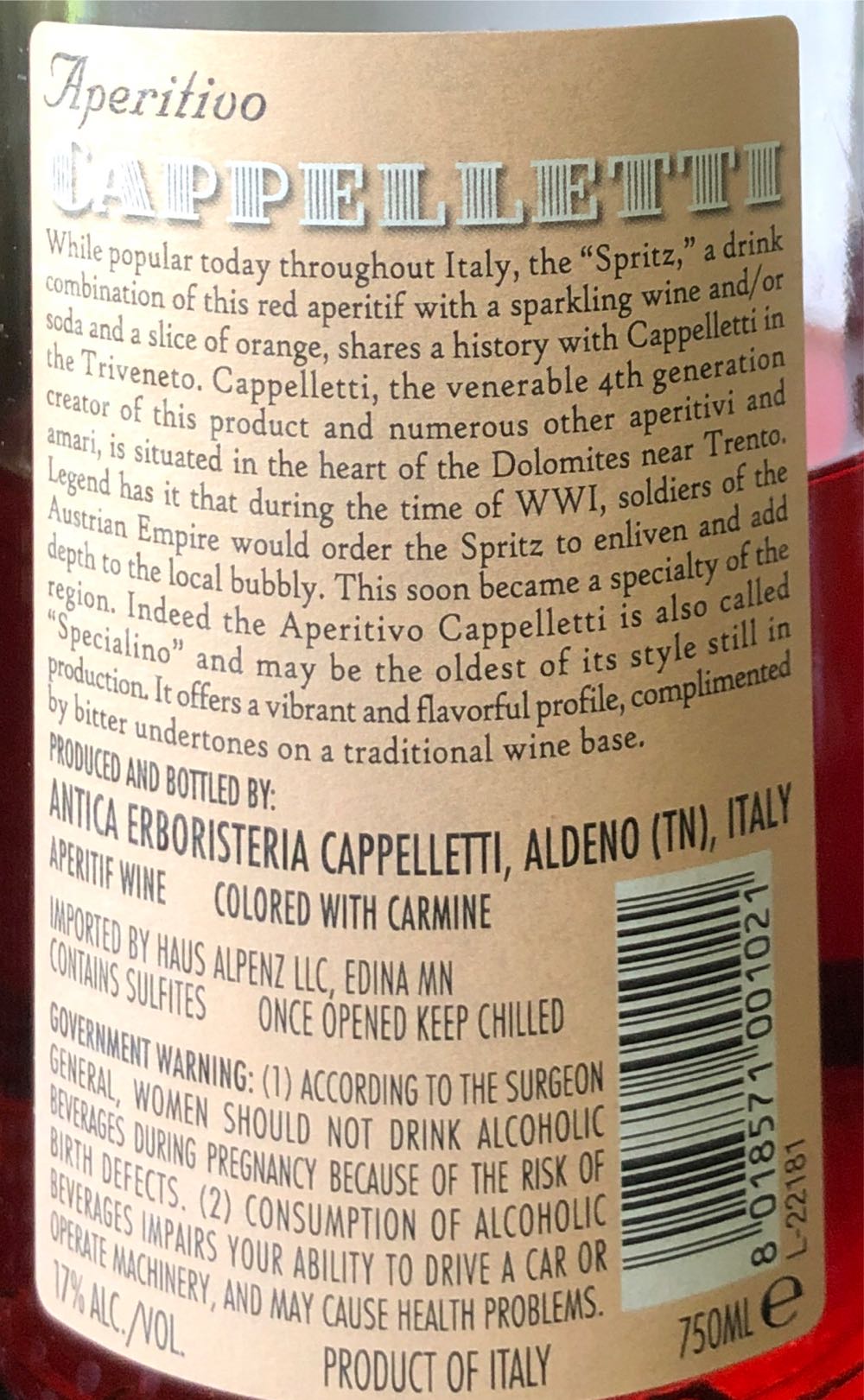Cappelletti Vino Apertivo - Antica Erboristeria Cappalletti (750 mL) alcohol collectible [Barcode 8018571001021] - Main Image 3