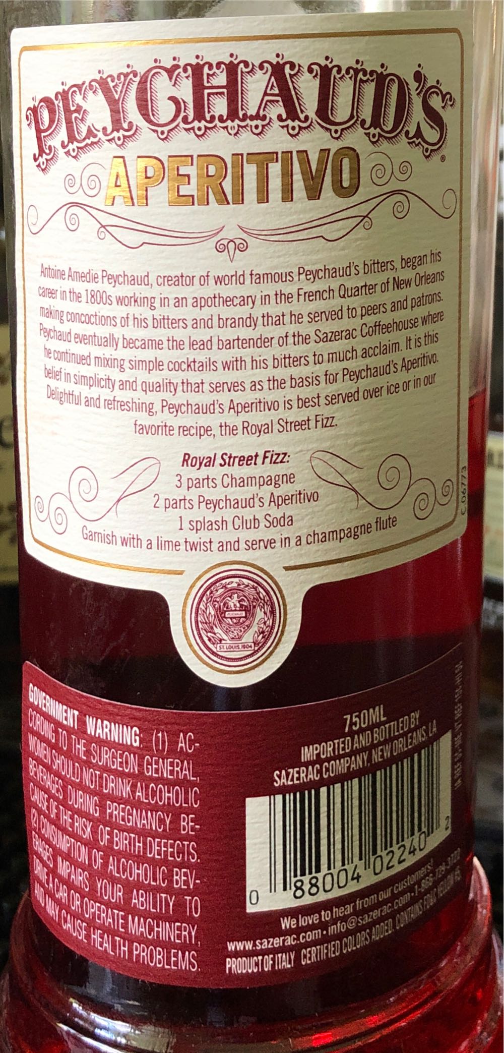 Peychaud’s Aperitivo - Sazerac Co (750 mL) alcohol collectible [Barcode 088004022402] - Main Image 3