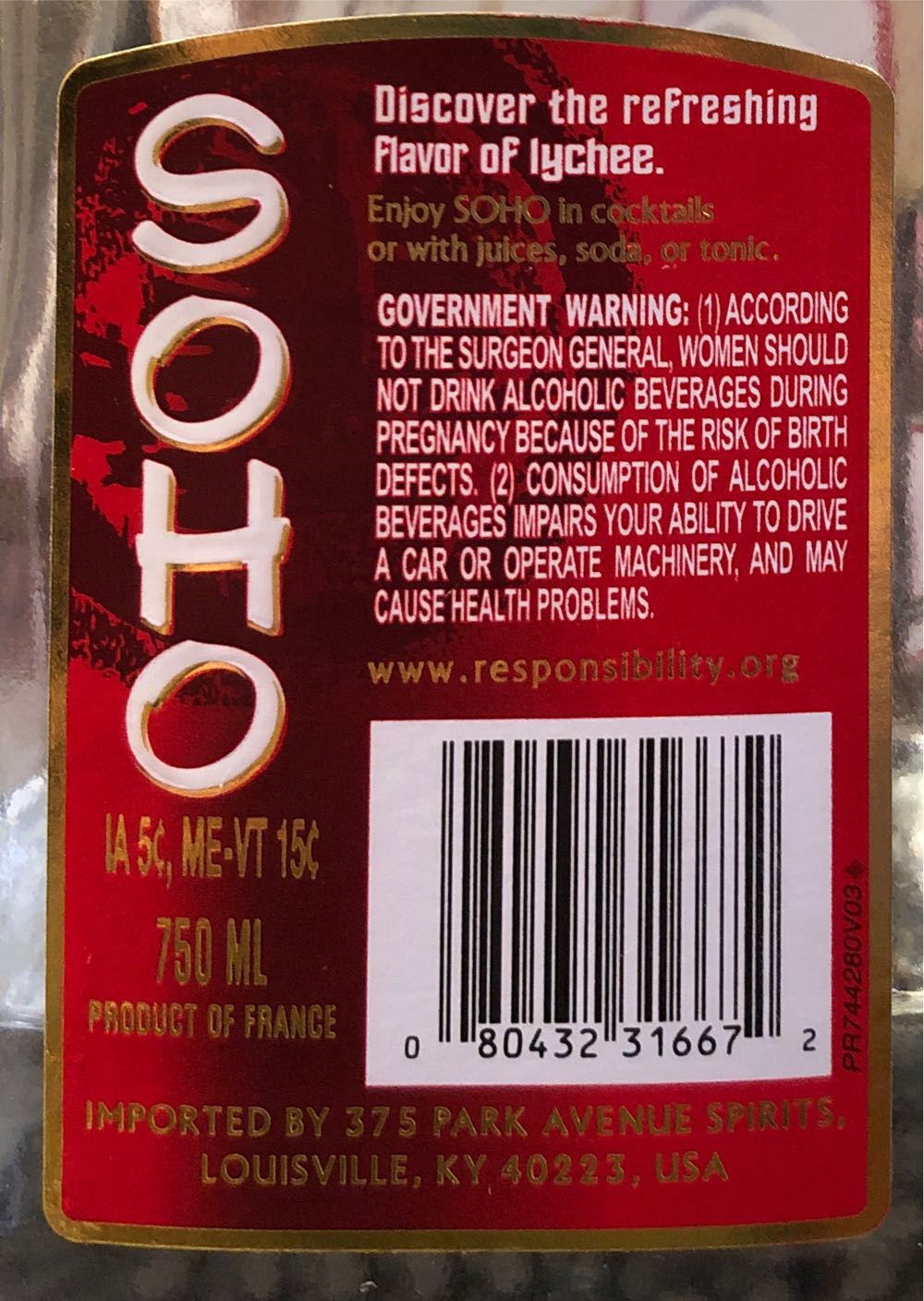 Soho Lychee Liqueur  (750 mL) alcohol collectible [Barcode 080432316672] - Main Image 2