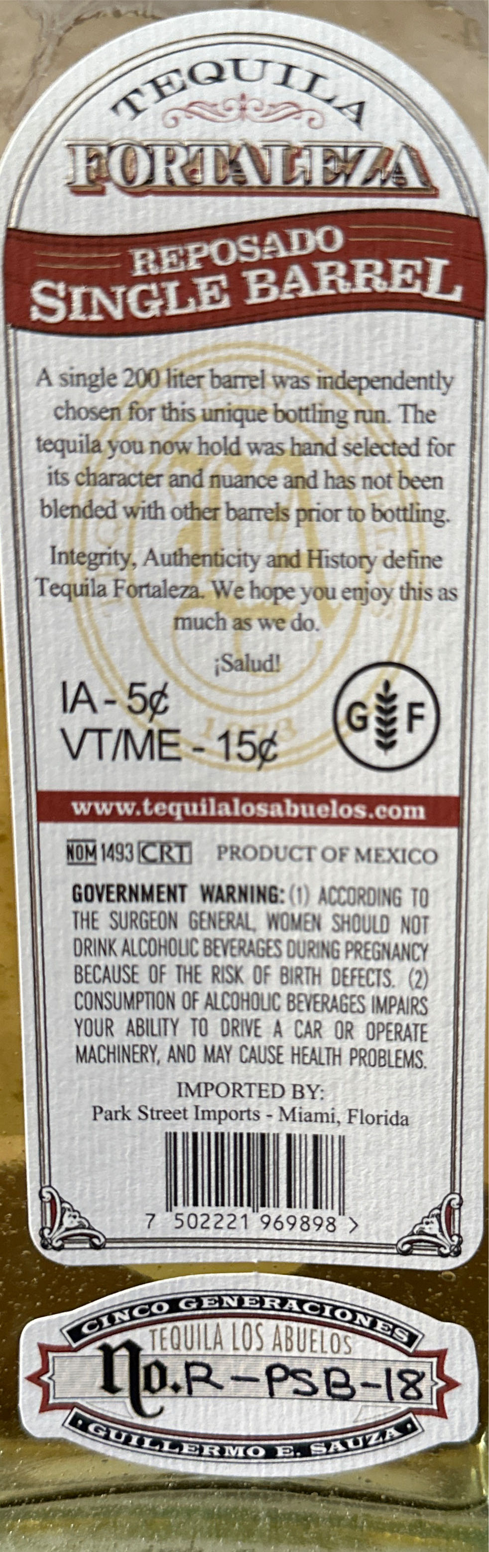 Fortaleza Single Barrel - Nom 1493 (750 mL) alcohol collectible [Barcode 7502221969898] - Main Image 2