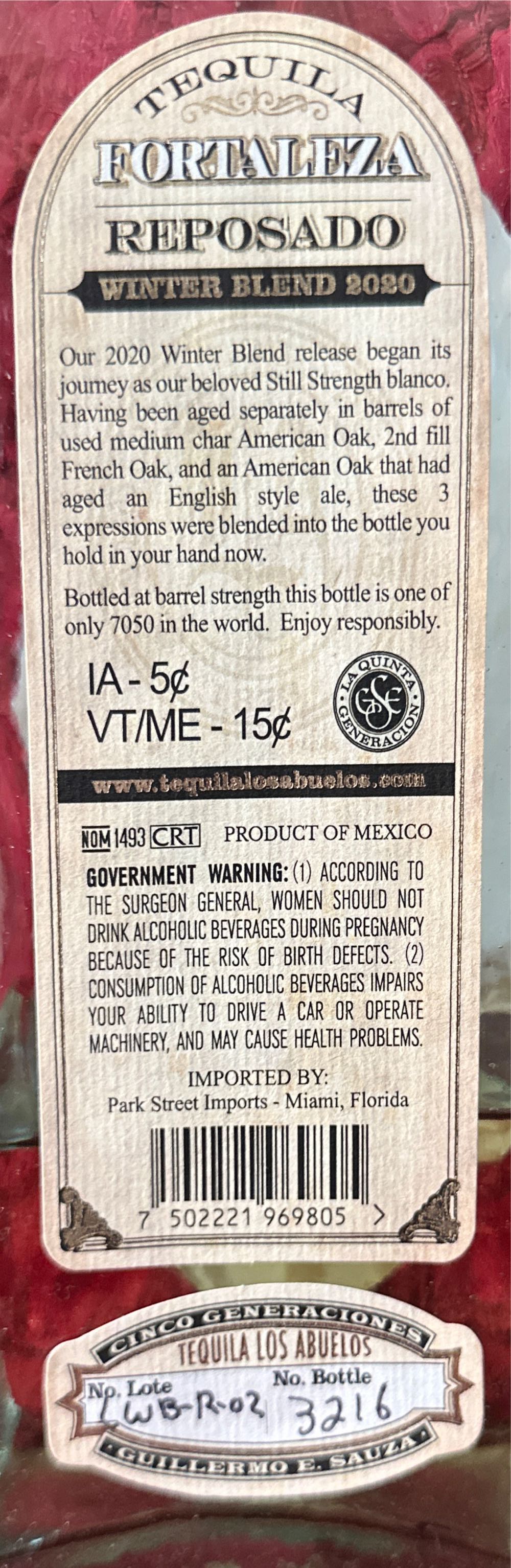 Fortaleza Winter Blend 2020 - Tequila Los Abuelos, S.A. de C.V. alcohol collectible [Barcode 7502221969805] - Main Image 2
