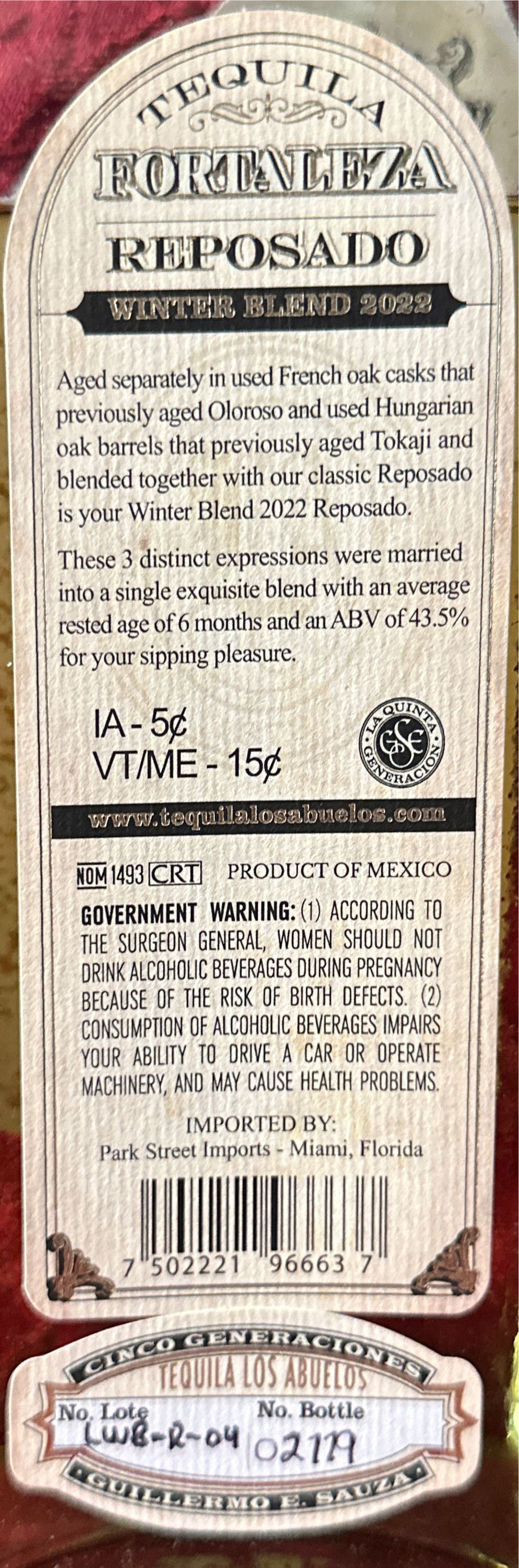 Fortaleza Winter Blend 2021 Reposado - NOM 1439 (750 mL) alcohol collectible [Barcode 7502221966637] - Main Image 2
