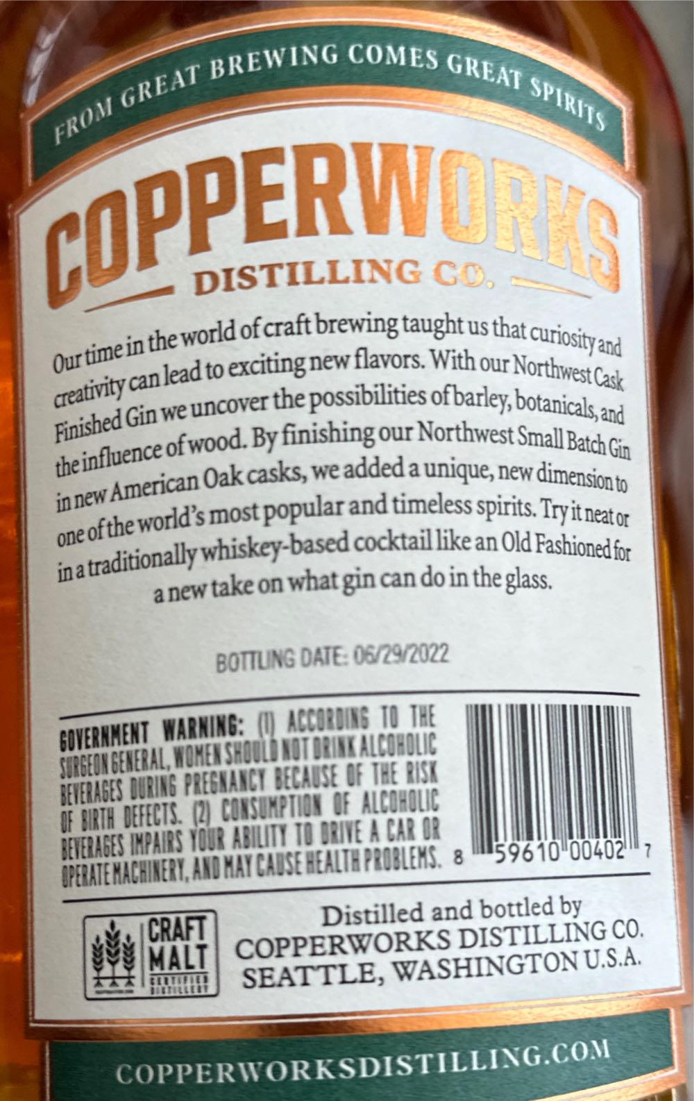 Copper Works Cognac Cask Gin - Copperworks Distilling Company (750 mL) alcohol collectible [Barcode 859610004027] - Main Image 2