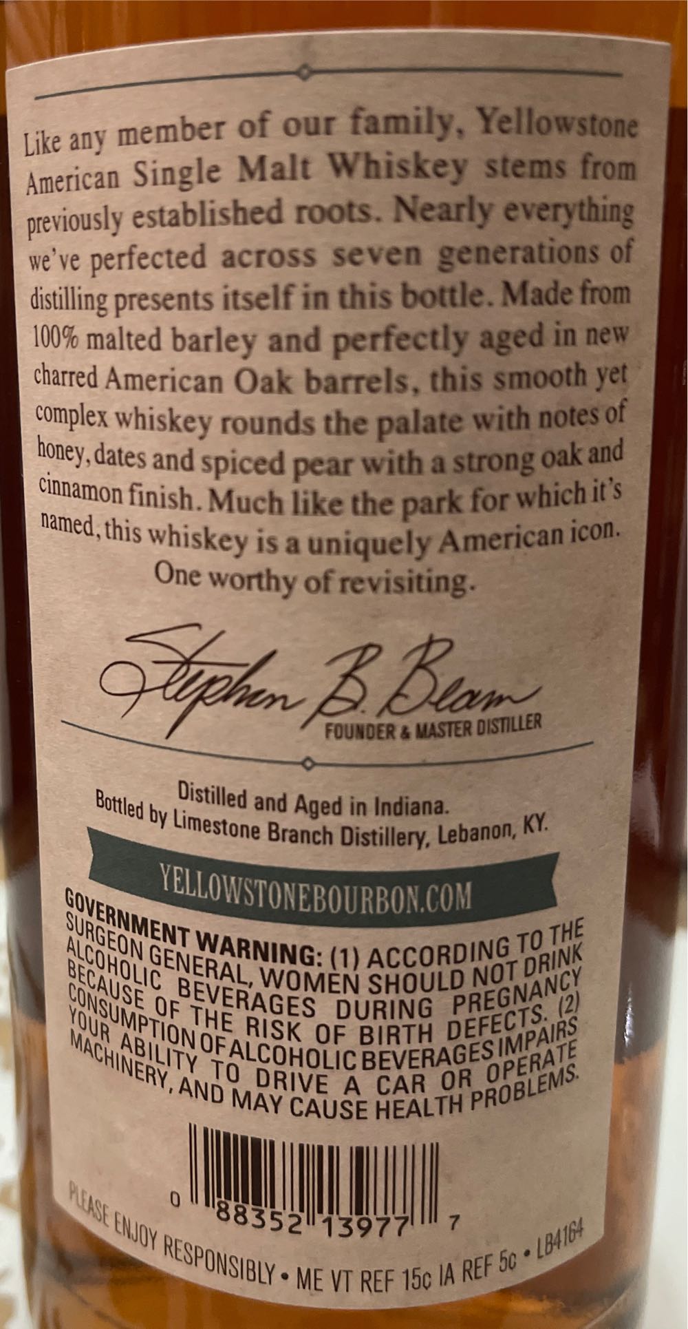 Yellowstone Single Malt Whiskey - Limestone Branch Distillery (750 mL) alcohol collectible [Barcode 088352139777] - Main Image 3