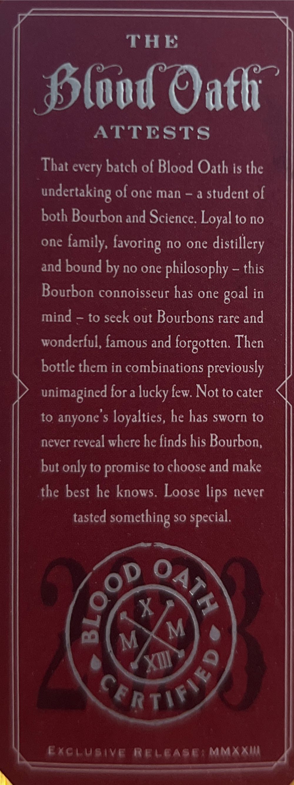 Blood Oath “Pact 9” 2023 - Lux Row Distillers (750 mL) alcohol collectible [Barcode 088352140124] - Main Image 3