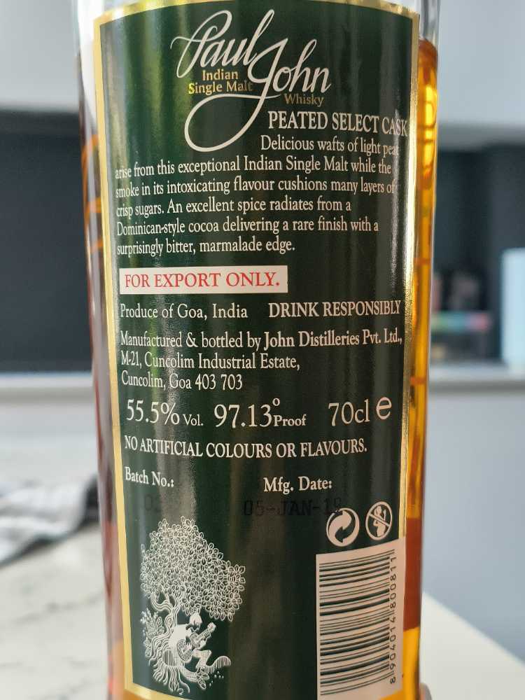 Paul John Peated  - India (700 mL) alcohol collectible [Barcode 2218048710708] - Main Image 3