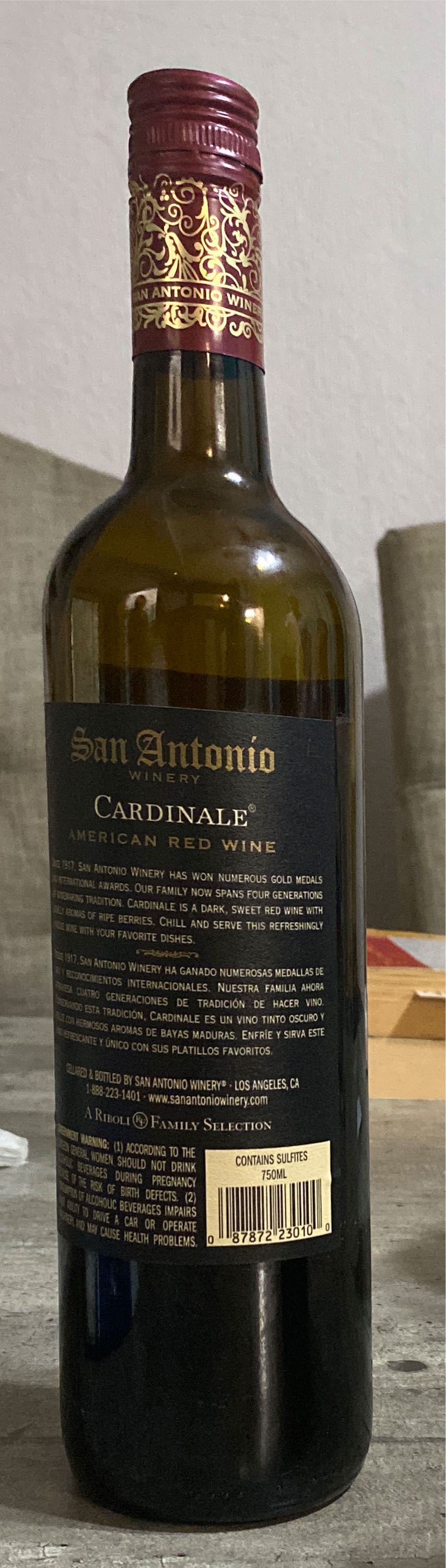 San Antonio Cardinale American Sweet Red - Riboli Family (750 mL) alcohol collectible [Barcode 087872230100] - Main Image 2