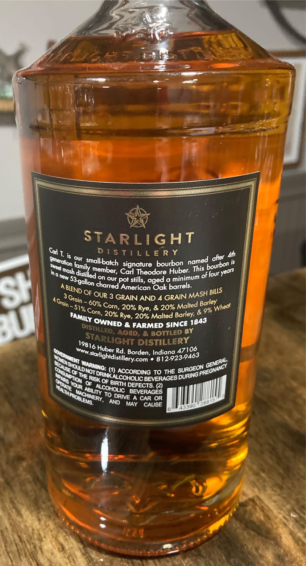 Starlight Distillery Carl T. Huber’s Signature Straight Bourbon - Starlight Distillery (750 mL) alcohol collectible [Barcode 643390288155] - Main Image 2