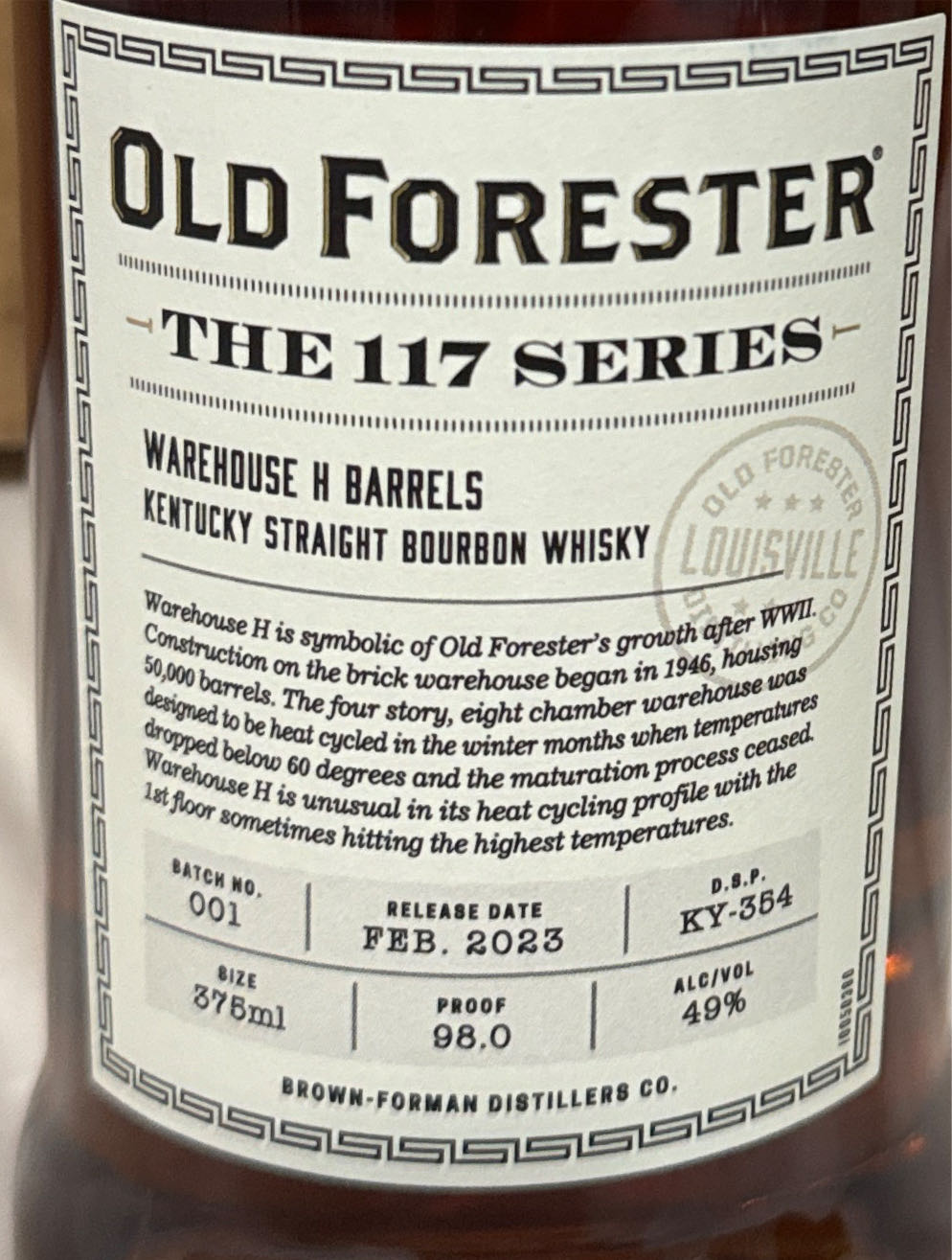 Old Forester 117 Series Warehouse H - Old Foreater Distilling Co   Louisville KY (375 mL) alcohol collectible [Barcode 081128003173] - Main Image 3