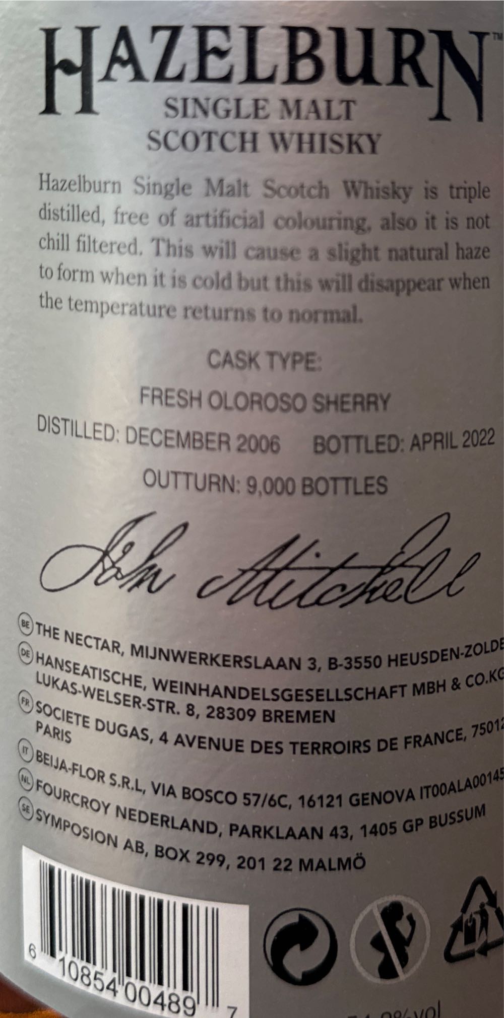 Hazelburn 15 Year Old Oloroso Cask Matured Single Malt Release Sherry Wood - Springbank Distillery (700 mL) alcohol collectible [Barcode 610854004897] - Main Image 2