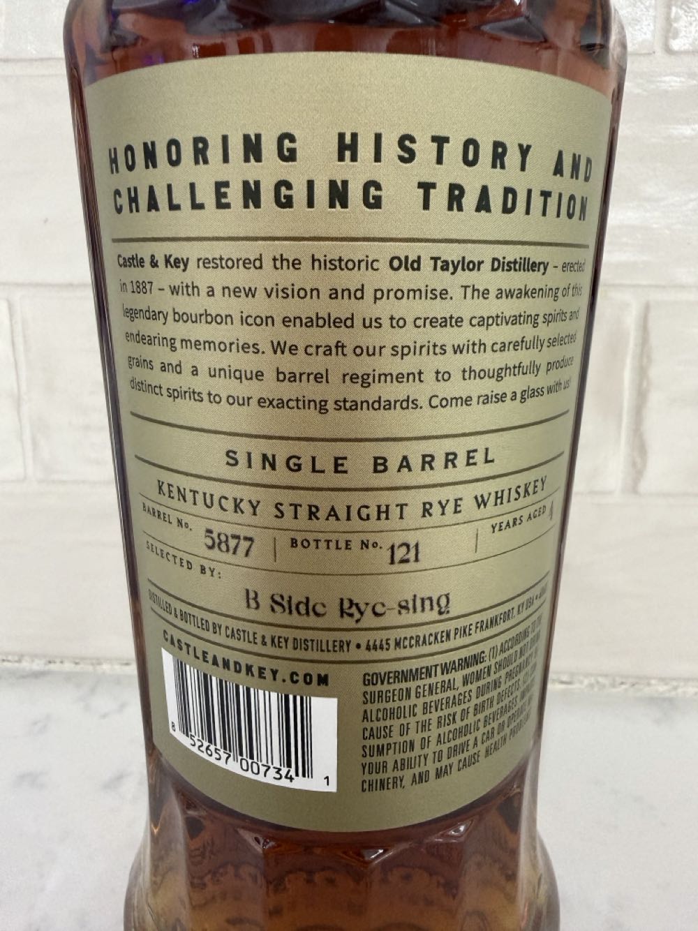 Castle & Key Restoration Rye Single Barrel - Castle & Key Distillery (750 mL) alcohol collectible [Barcode 852657007341] - Main Image 3