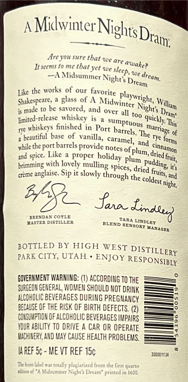 A Midwinters Night Dram Act 10, Scene 4 - High West Distillery (750 mL) alcohol collectible [Barcode 854396005190] - Main Image 2
