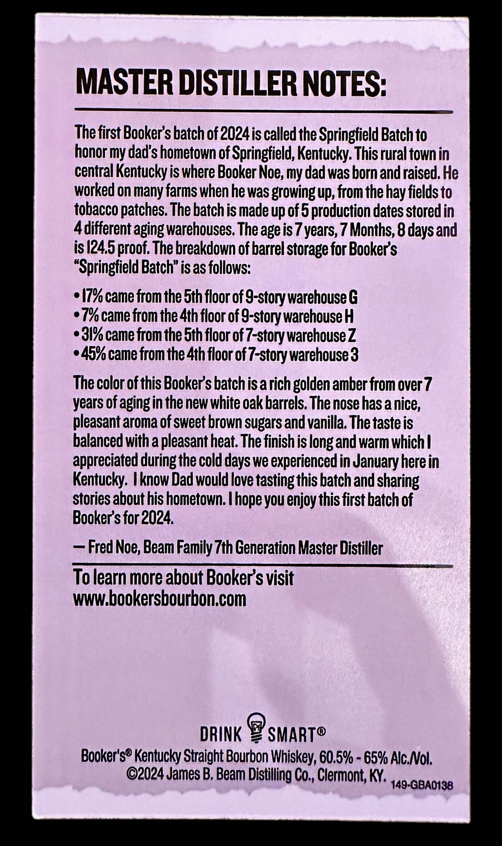 Booker’s 2024-04 “Jimmy’s Batch” - James B. Beam Distilling Co. (750 mL) alcohol collectible [Barcode 080686011408] - Main Image 4
