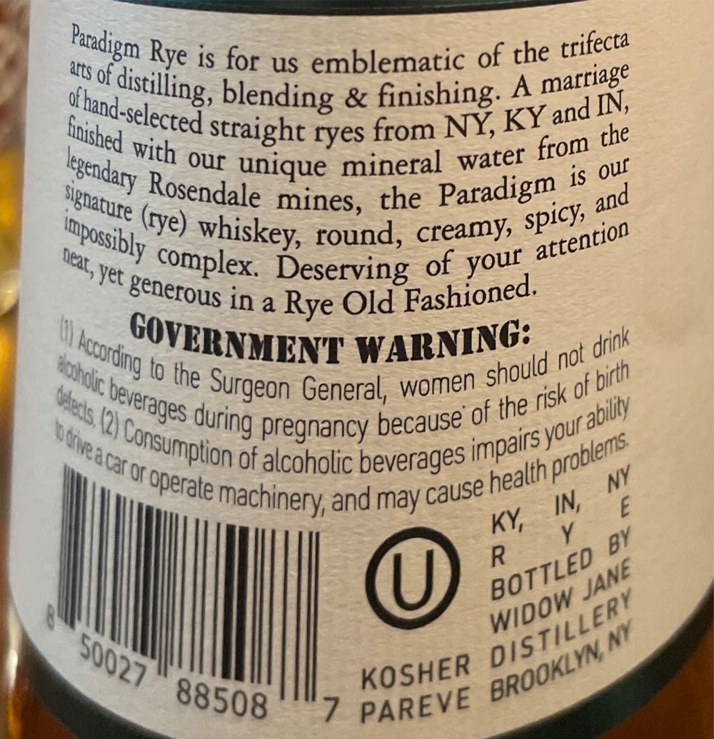 Widow Jane Paradigm Rye - Widow Jane Distillery (750 mL) alcohol collectible [Barcode 850027885087] - Main Image 3