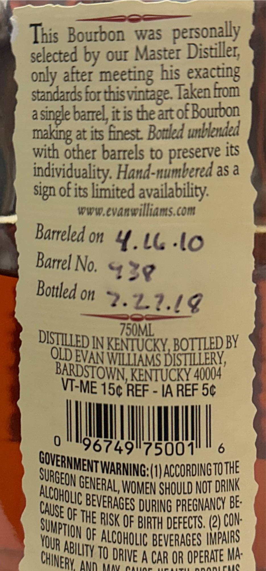 Evan Williams SB Vintage 2013 - Evan Williams (750 mL) alcohol collectible [Barcode 096749750016] - Main Image 2