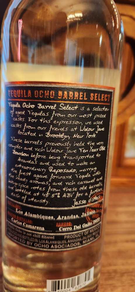 Tequila Ocho Reposado Widow Jane Cerro Del Gallo - NOM 1474 (750 mL) alcohol collectible [Barcode 860004628705] - Main Image 2