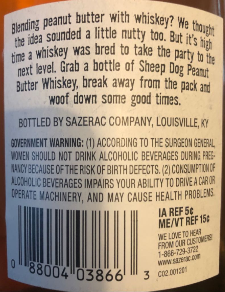 Sheep Dog Peanut Butter - Sazerac Co (50 mL) alcohol collectible [Barcode 088004038663] - Main Image 2