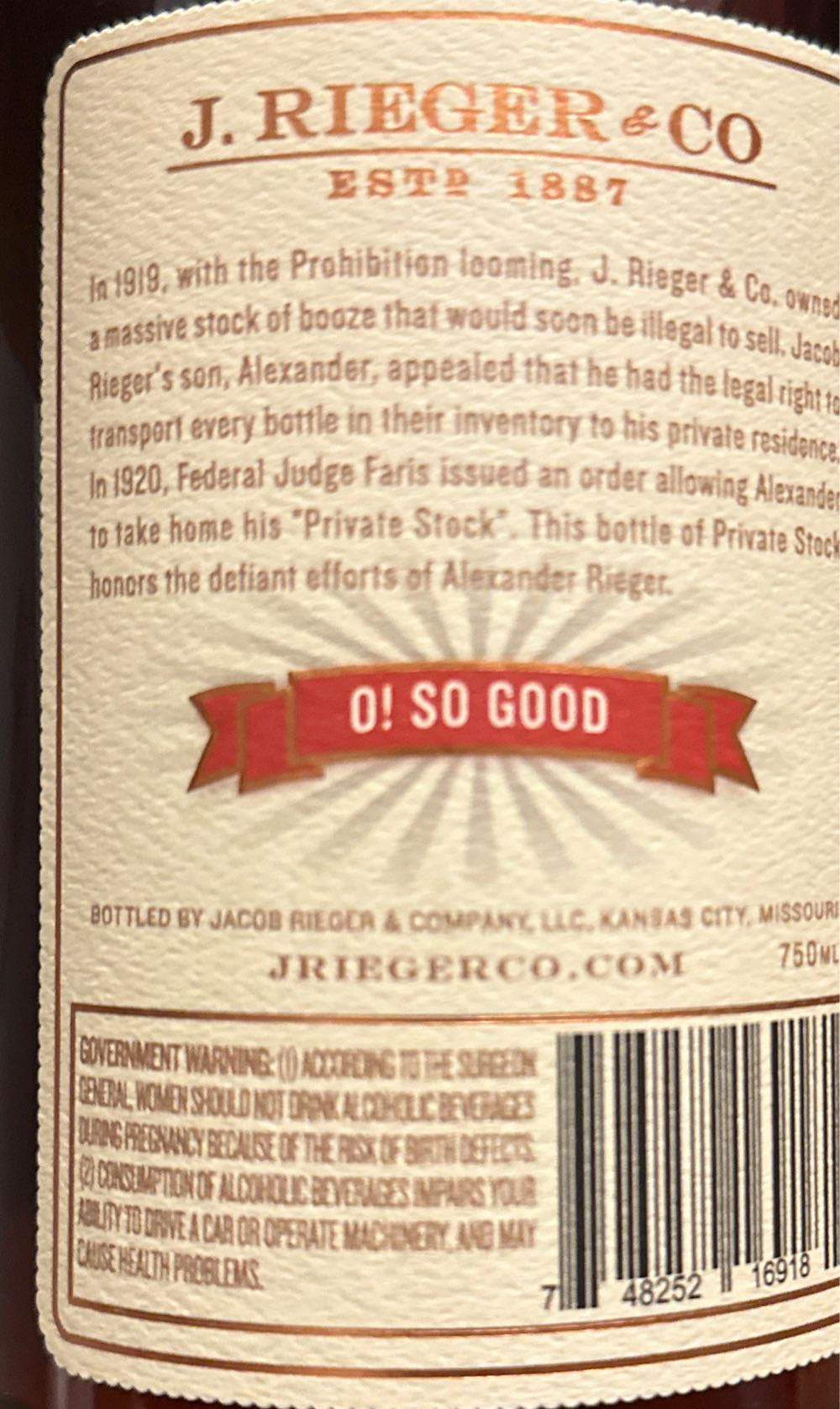 J Rieger Jr Private Stock - J Rieger (750 mL) alcohol collectible [Barcode 748252169181] - Main Image 3