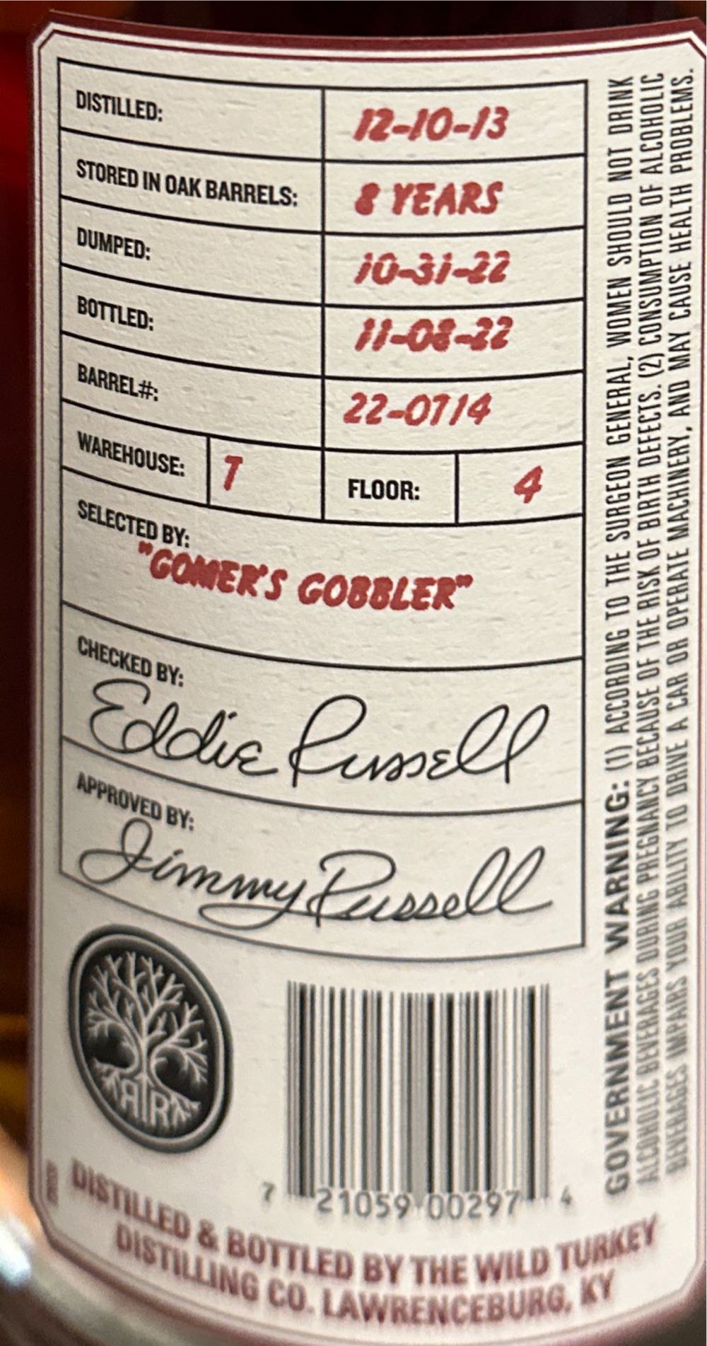 Russell’s Reserve Private Barrel Pascale’s - Wild Turkey (750 mL) alcohol collectible [Barcode 721059002974] - Main Image 2