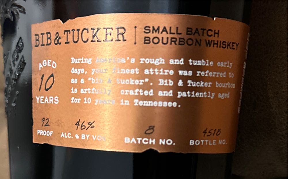 Bib And Tucker 10 Year Small Batch Bourbon Whiskey - Distilled In TN; Bottled By Bib & Tucker (750 mL) alcohol collectible [Barcode 031259004334] - Main Image 2