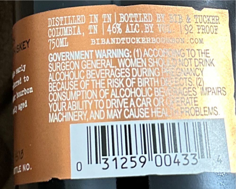 Bib And Tucker 10 Year Small Batch Bourbon Whiskey - Distilled In TN; Bottled By Bib & Tucker (750 mL) alcohol collectible [Barcode 031259004334] - Main Image 3