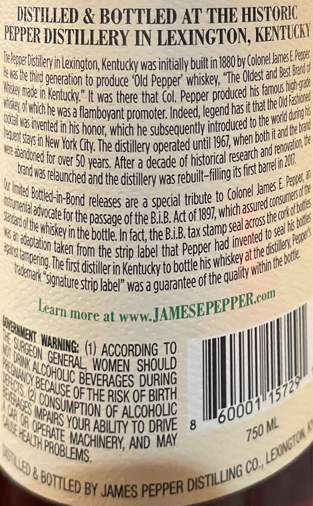 Old Pepper Bottle In Bond Rye - James Pepper Distilling Co (750 mL) alcohol collectible [Barcode 860001157291] - Main Image 2